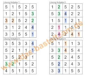 Zahlenmatrix / Zahlenrätsel / Rätsel 5x5. Zahelenpaare mit Summe 5 suchen.